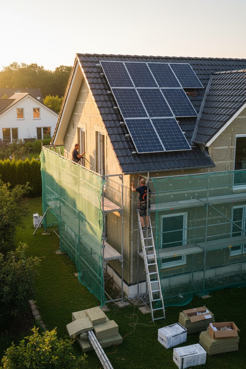 Deux ouvriers réalisent l'isolation thermique extérieure d'une maison équipée de panneaux solaires, sur des échafaudages. nancy grand est