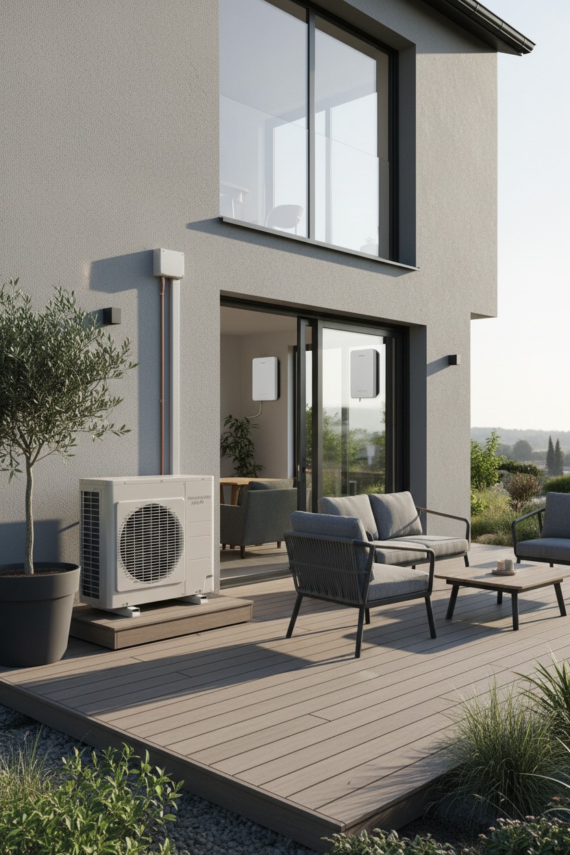 Unité extérieure d'une pompe à chaleur installée sur la terrasse en bois d'une maison moderne.